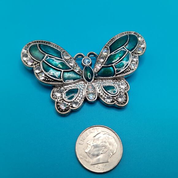 Vintage Enamel Butterfly Brooch, Metallic Teal, Aurora Borealis Rhinestones - Picture 9 of 9